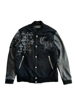 Chrome Hearts Black Leather Cross Patch Bomber Jacket - front