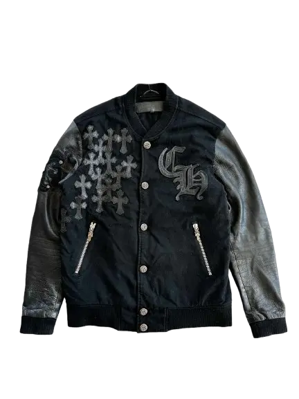 Chrome Hearts Black Leather Cross Patch Bomber Jacket - front