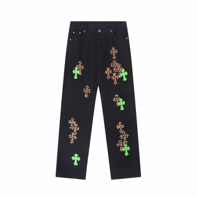 Chrome Hearts Leopard and Green Cross Patch Jeans