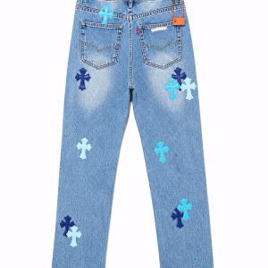 Chrome Hearts Blue Cross Patch Light Wash Jeans