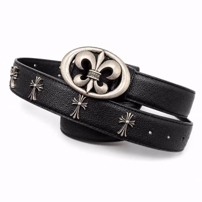 Chrome Hearts Silver Cross Oval Buckle Leather Belt