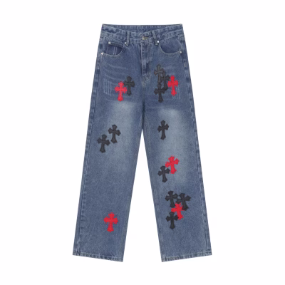 Chrome Hearts Red & Black Cross Patch Blue Jeans