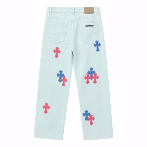 Chrome Hearts Pink and Blue Cross Patch Light Wash Jeans