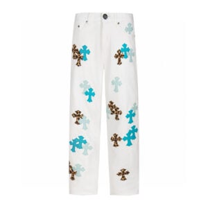 Chrome Hearts White Aqua Leopard Cross Patch Jeans