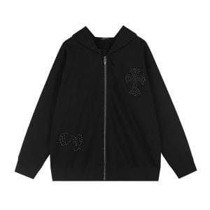 Chrome Hearts Black Crystal Cross Beaded Zip Hoodie