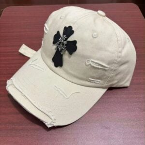 Chrome Hearts Ivory Black Cross Distressed Baseball Cap