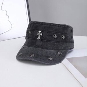 Chrome Hearts Washed Black Cross Studded Military Cap