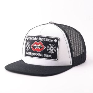 Chrome Hearts White Black Trucker Hat with Lip Patch