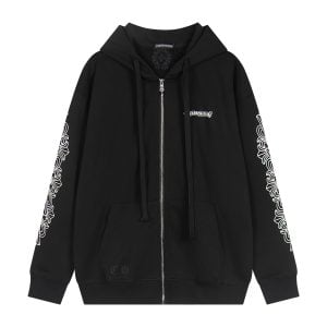 Chrome Hearts Pink Cross Leather Patch Zip Hoodie Black