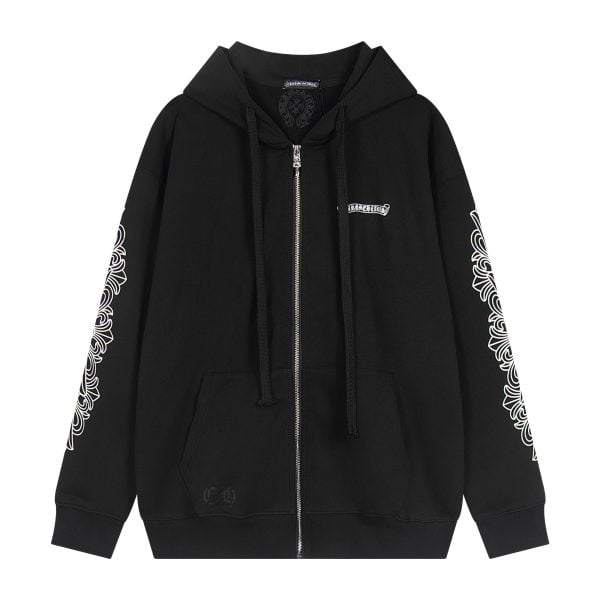 ヘ*ニ様 CHROME HEARTS クロス ジップパーカー ブラック Chrome Hearts Pink Cross Leather Patch Zip Hoodie Black