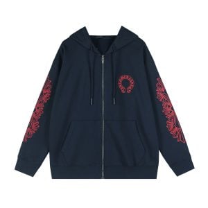 Chrome Hearts Red Horseshoe Logo Zip Hoodie Navy