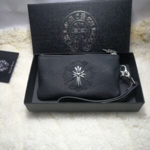 Chrome Hearts Black Leather Cross Wristlet Pouch