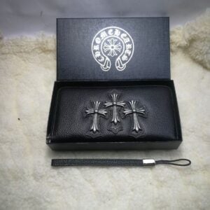 Chrome Hearts Black Triple Cross Leather Zip Wallet