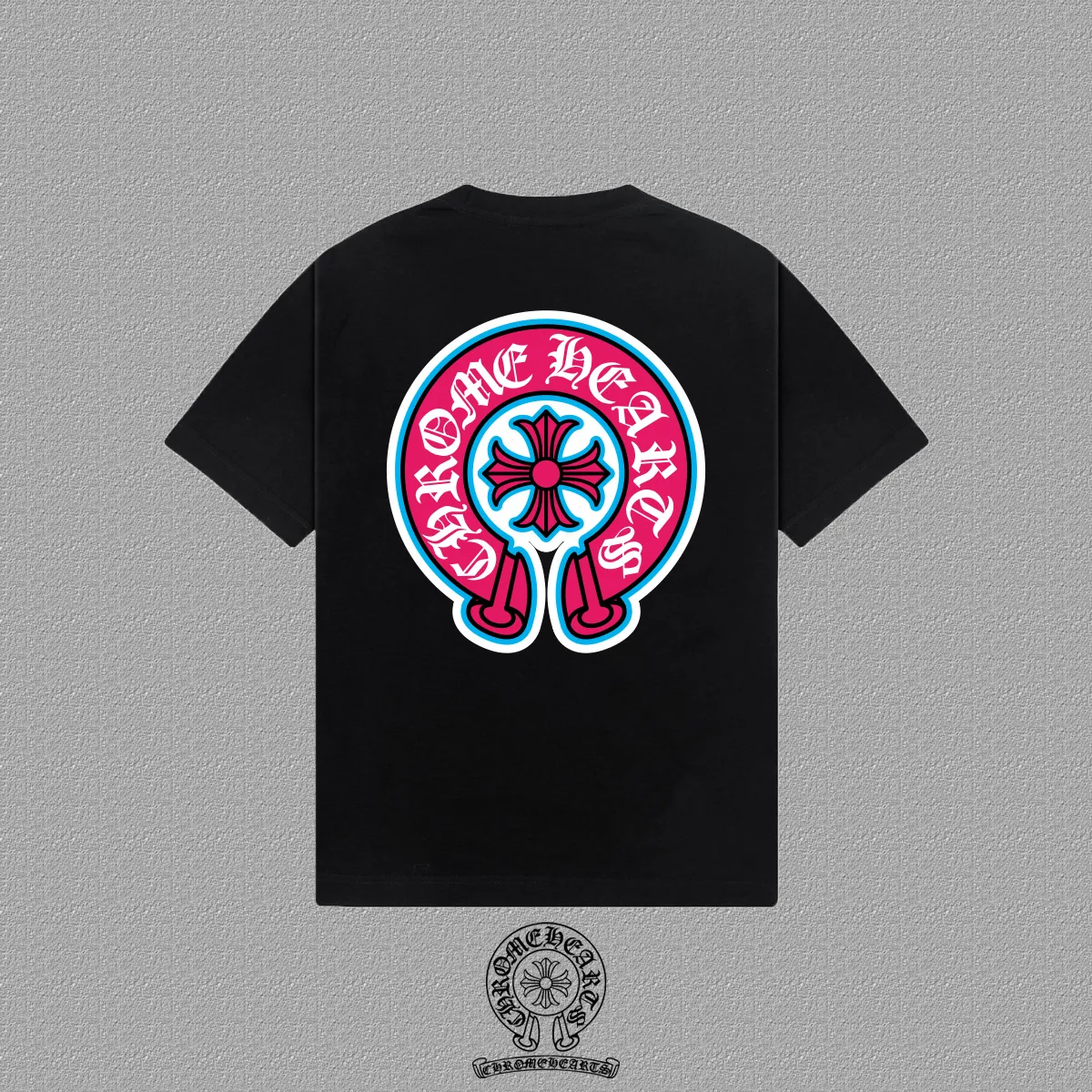 Chrome Hearts Black Pink Horseshoe Cross Graphic T-Shirt Chrome Hearts Black Pink Horseshoe Cross Graphic T-Shirt
