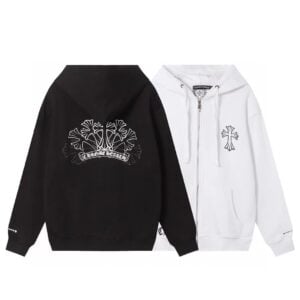 Chrome Hearts Triple Floral Cross Zip Up Hoodie Black/White